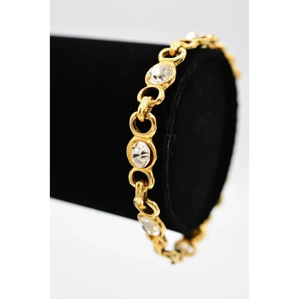 Vintage Tennis Bracelet Clear White Rhinestone Crystal Gold Chain Linked Bin8